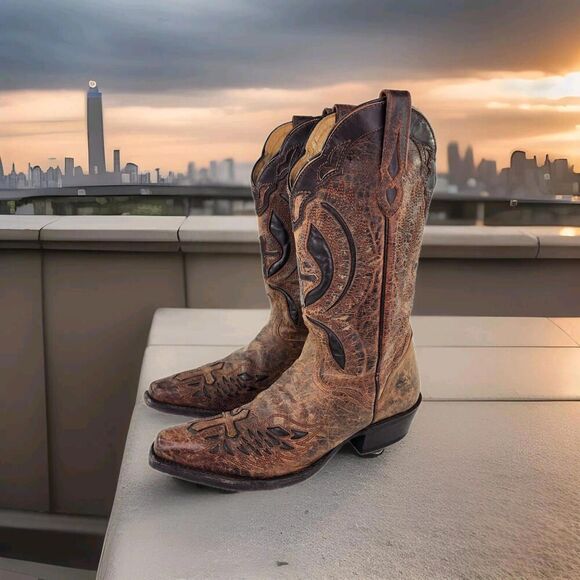 J.B. Dillon Cowboy Western Winged Cross Embroidered Cut Out US 8 B Snip-Toe Boot - Picture 1 of 14